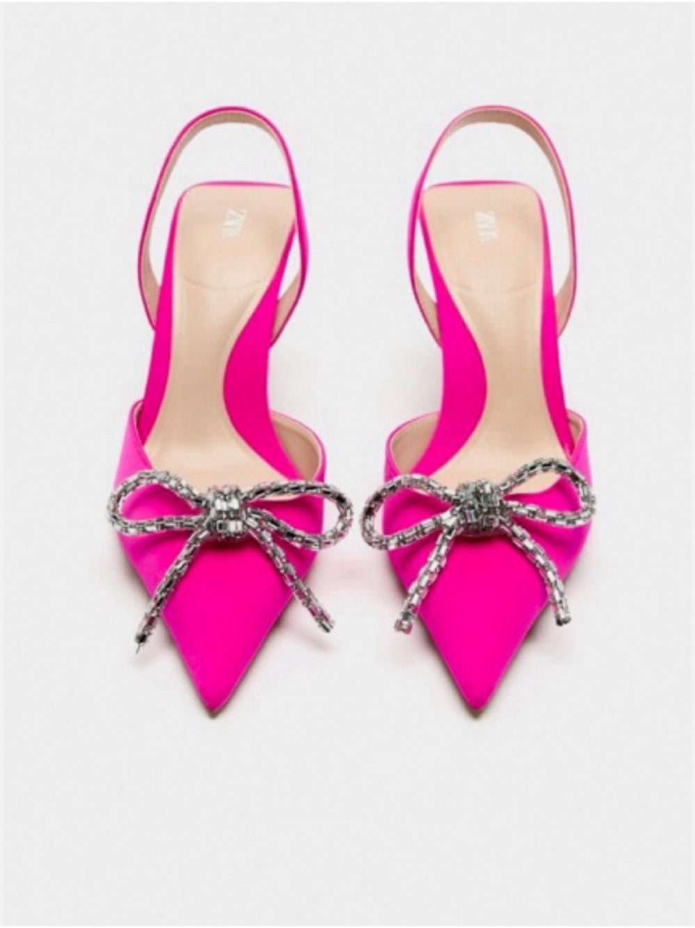 Zara Pink Fuchsia Pointed Slingback Mules with Crystal Bow,BNWT size 37 (6.5us)